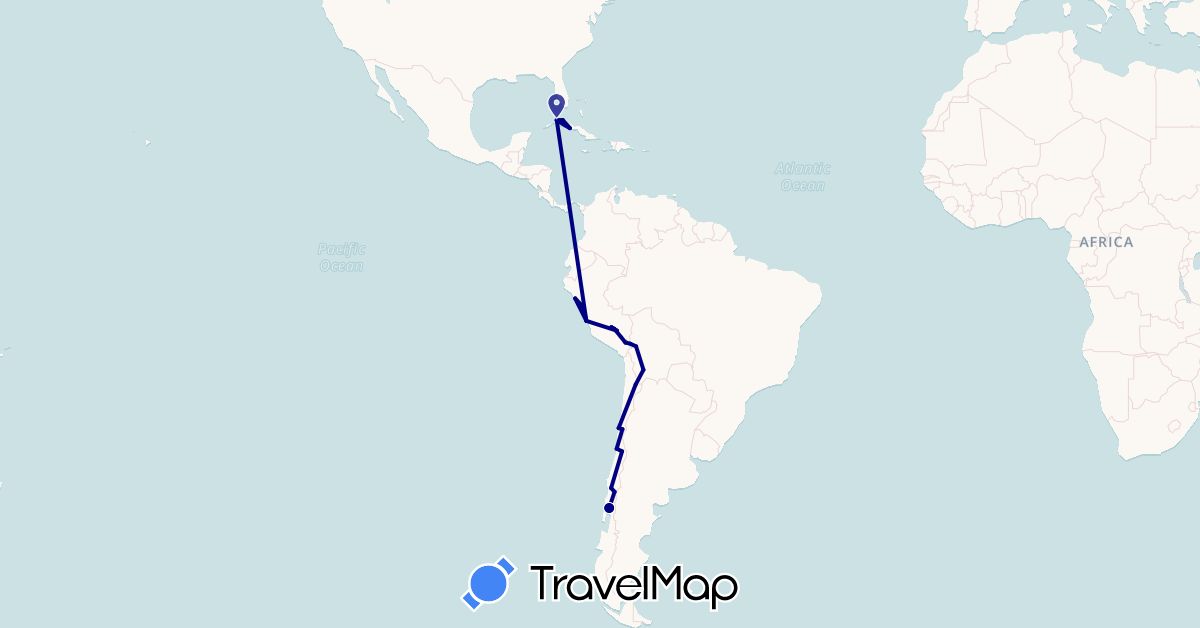 TravelMap itinerary: driving in Bolivia, Chile, Cuba, Peru (North America, South America)